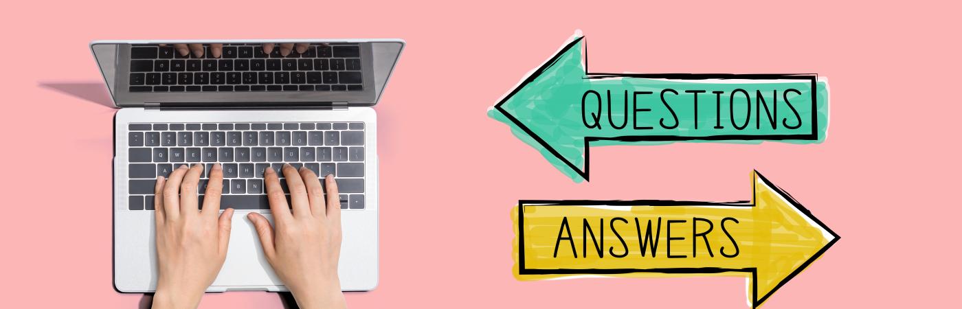 questions and answers graphic next to laptop